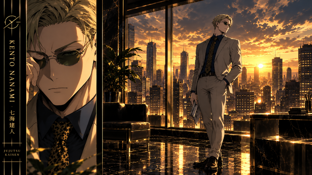 Kento Nanami in a dark suit overlooking a golden sunset city from a high-rise interior