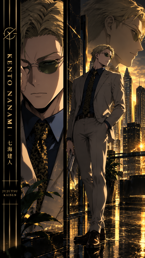 Kento Nanami in a dark suit overlooking a golden sunset city, with a close-up portrait panel
