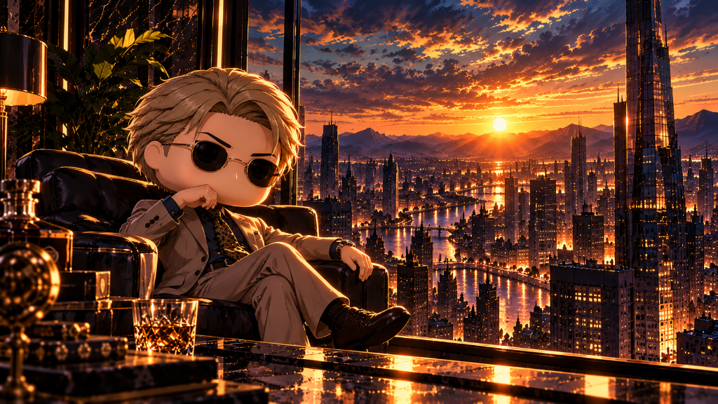 Kento Nanami: Kento Nanami relaxing in a city penthouse as the sun sets over the skyline.