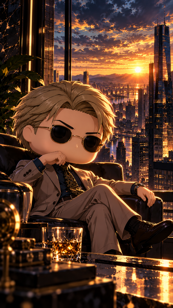 Kento Nanami: Kento Nanami relaxing by a penthouse window during a golden city sunset.