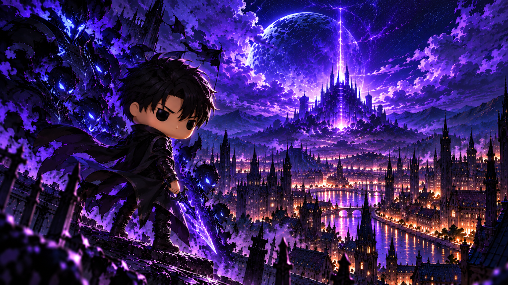 Megumi Fushiguro: Megumi Fushiguro looking over a glowing violet city and distant citadel beneath a starry sky.