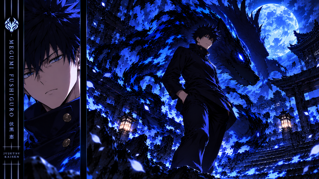 Megumi Fushiguro beneath a blue moon, with a shikigami wolf and night scenery.
