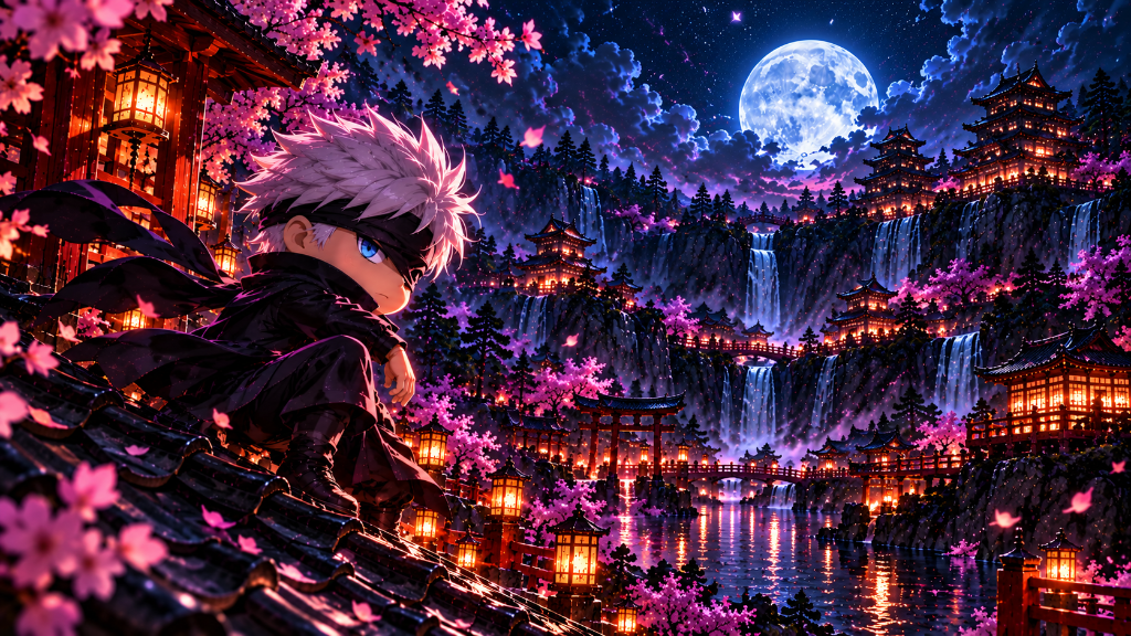 Satoru Gojo: Satoru Gojo with white hair and a bright blue eye overlooking a moonlit cherry-blossom city.