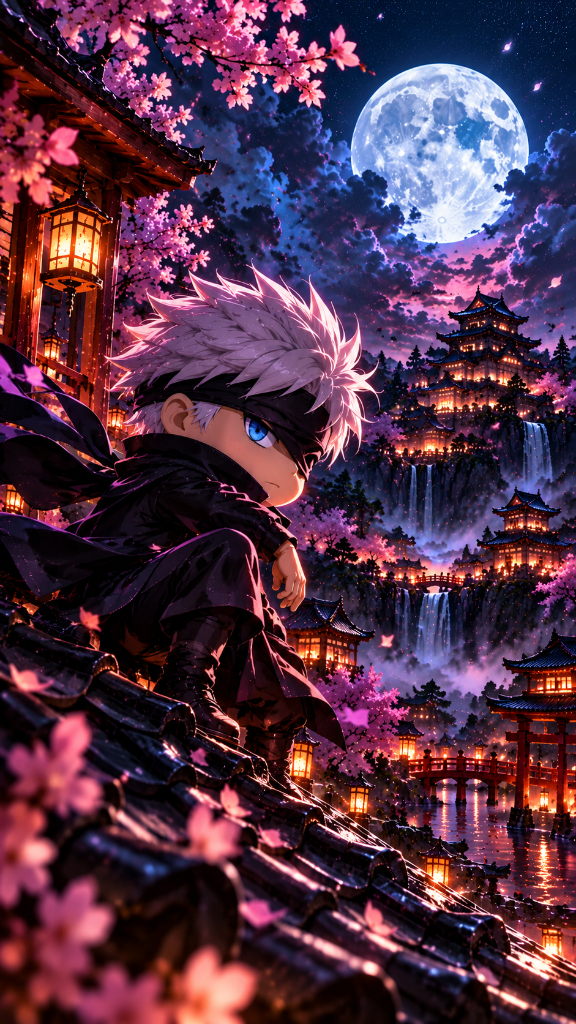 Satoru Gojo: Satoru Gojo beneath a full moon among cherry blossoms and illuminated castle rooftops.