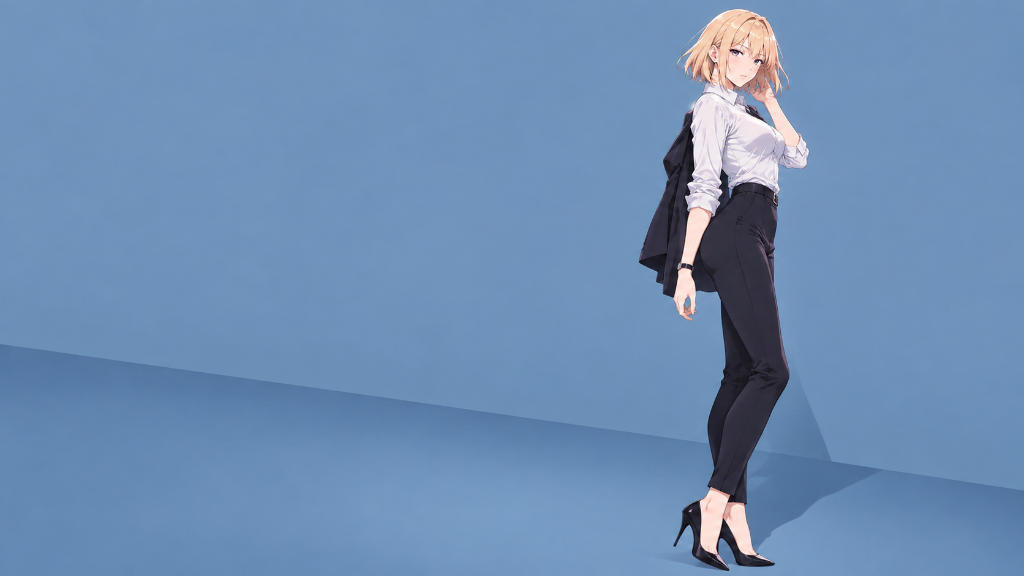 Ai Hayasaka: Ai Hayasaka in a white blouse and dark trousers against a cool blue backdrop.