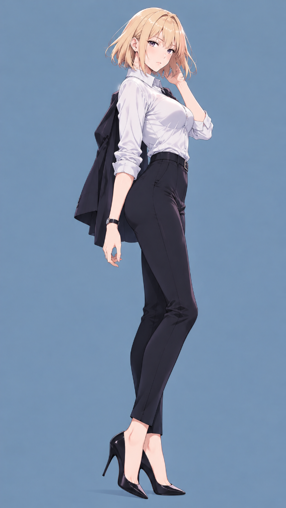 Ai Hayasaka: Ai Hayasaka in a white blouse and dark trousers against a cool blue backdrop.