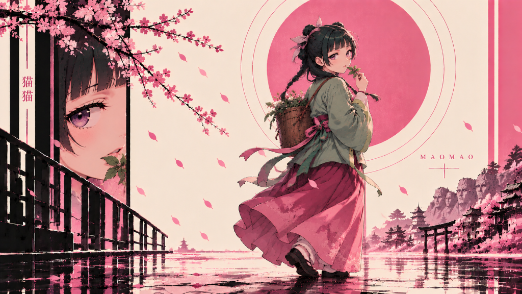 Maomao in a muted green kimono with a flower basket beneath cherry blossoms, with a rose-pink sun above a Japanese village reflected in water