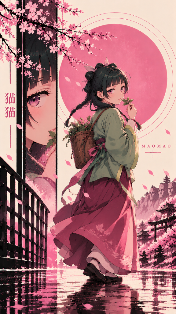Maomao in a green kimono beneath cherry blossoms, with a rose-pink sun above a Japanese village and reflected water