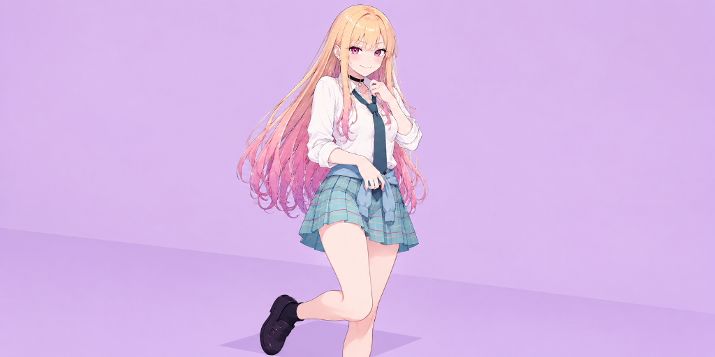 Marin Kitagawa: Marin Kitagawa in her school uniform against a soft lavender backdrop.