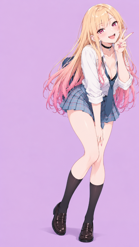 Marin Kitagawa: Marin Kitagawa in her school uniform against a soft lilac-pink background, phone edition.