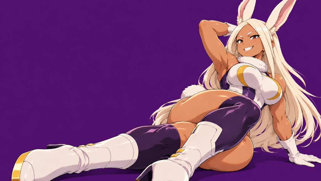 Mirko: Mirko, the rabbit hero, reclining against a deep purple backdrop.