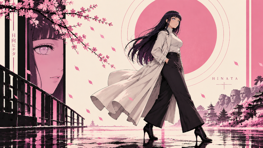 Hinata in a light coat beneath cherry blossoms before a rose-pink sun and Japanese village