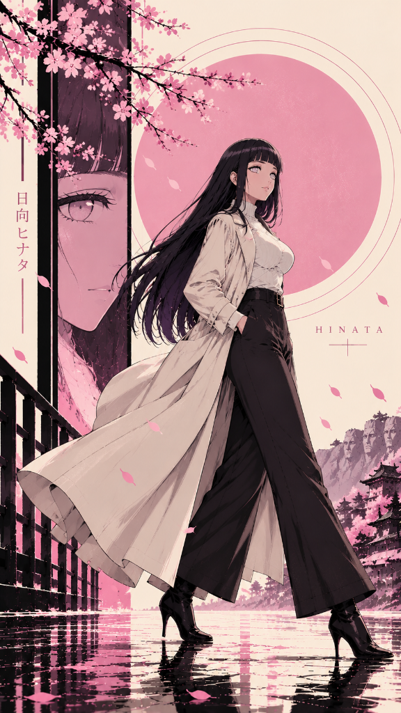 Hinata in a light coat beneath cherry blossoms before a rose-pink sun and Japanese village