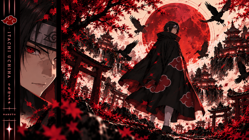 Itachi Uchiha beneath a red moon among crimson leaves, birds, pagodas, and torii gates.