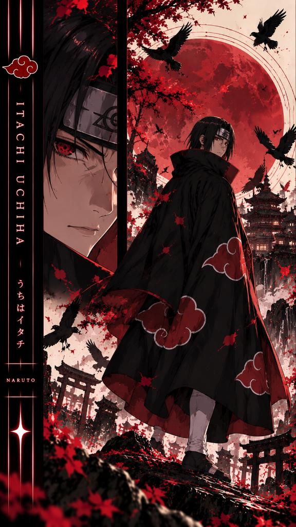 Itachi Uchiha beneath a red moon among crimson leaves, birds, pagodas, and torii gates.