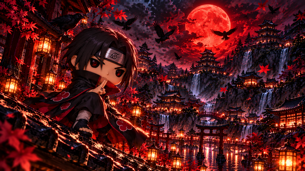 Itachi Uchiha: Itachi Uchiha beneath a crimson moon, with ravens and red autumn leaves over a lantern-lit village.