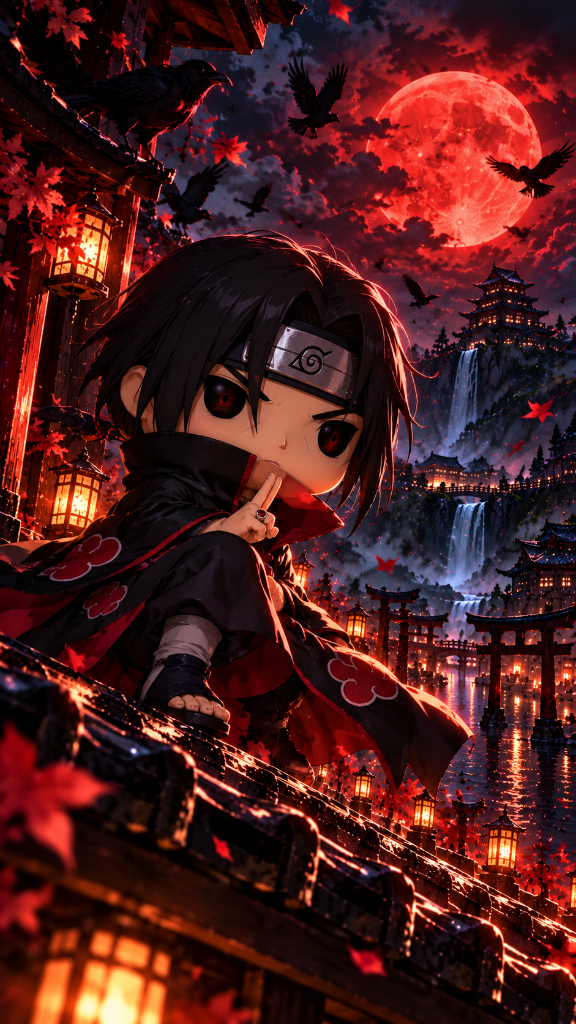 Itachi Uchiha: Itachi Uchiha beneath a crimson moon, with ravens and red autumn leaves over a lantern-lit village.