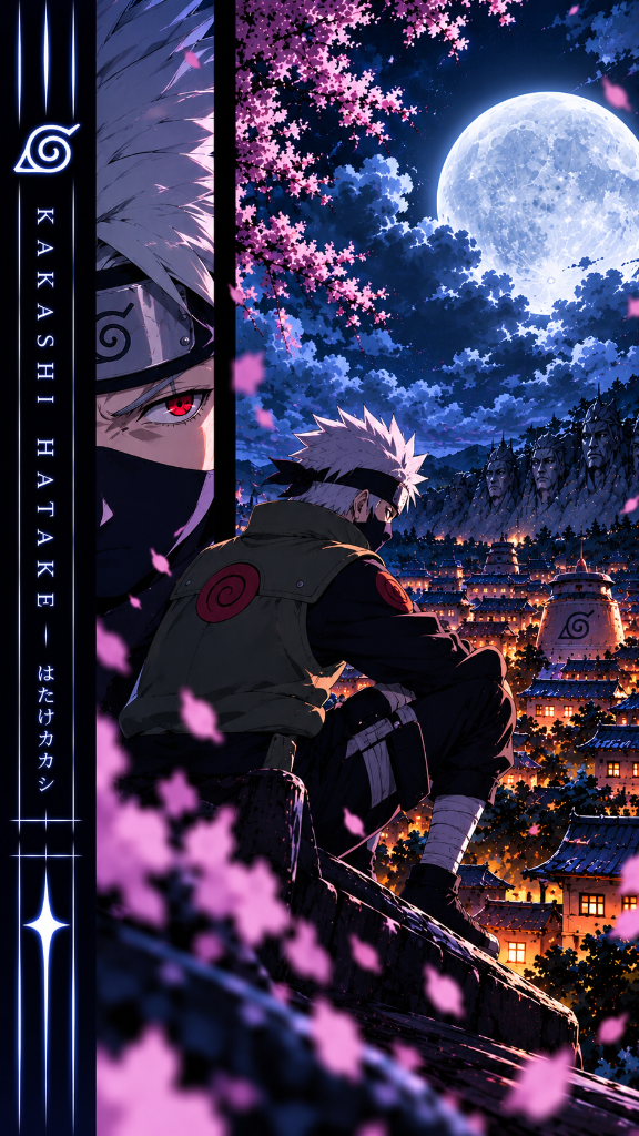 Kakashi Hatake looking over a Hidden Leaf village beneath a blue full moon and cherry blossoms.