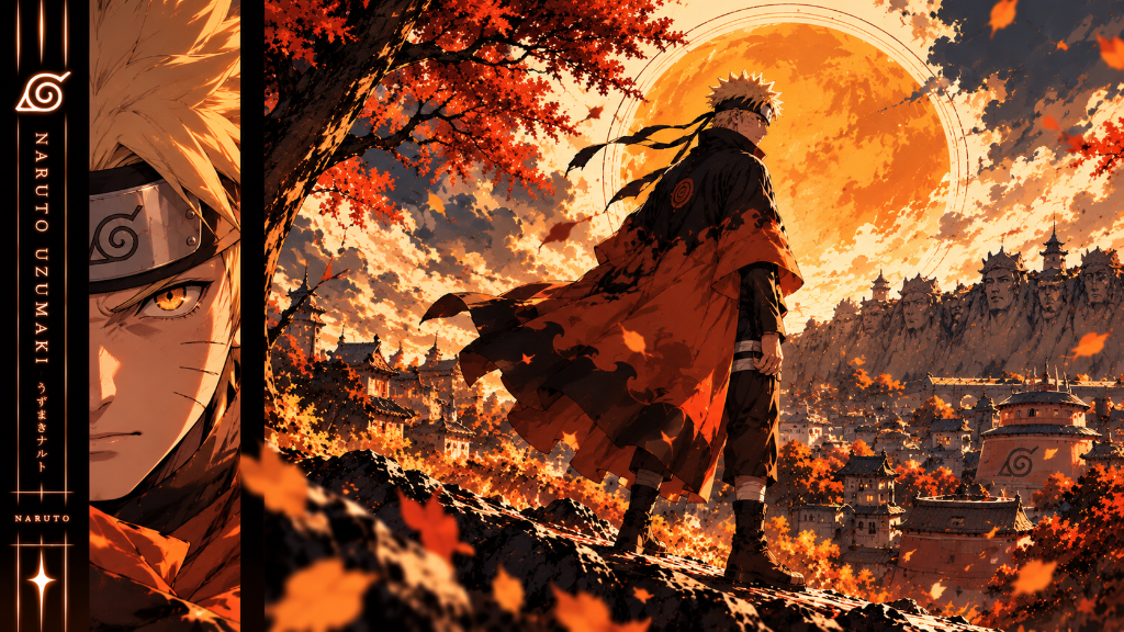 Naruto Uzumaki in a dark cloak beneath a crimson moon and falling autumn leaves.