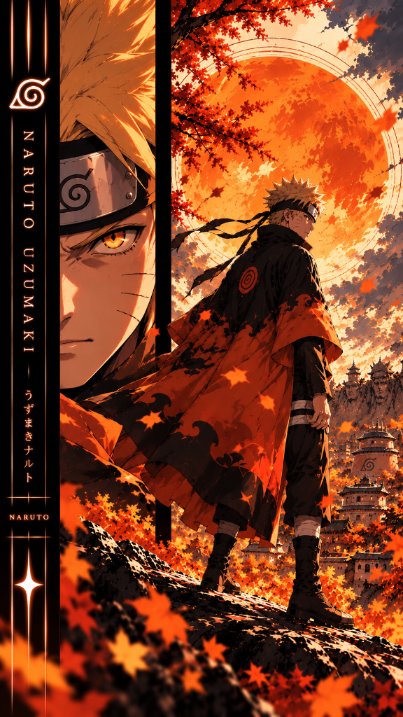 Naruto Uzumaki in a dark cloak beneath a crimson moon and falling autumn leaves.