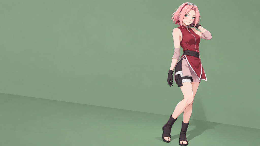 Sakura Haruno: Sakura Haruno in her red ninja outfit against a muted sage-green background.