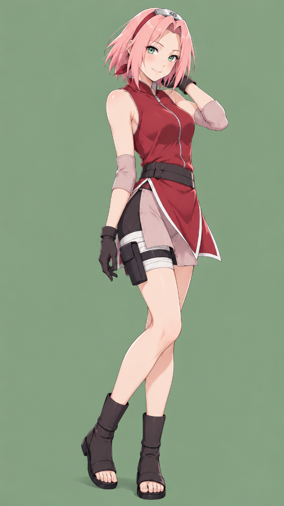 Sakura Haruno: Sakura Haruno in her red ninja outfit against a muted sage-green background, phone edition.