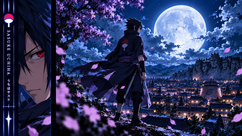 Sasuke Uchiha standing beneath a blue full moon and cherry blossoms over the Hidden Leaf village.