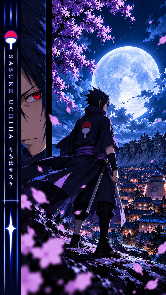 Sasuke Uchiha standing beneath a blue full moon and cherry blossoms over the Hidden Leaf village.