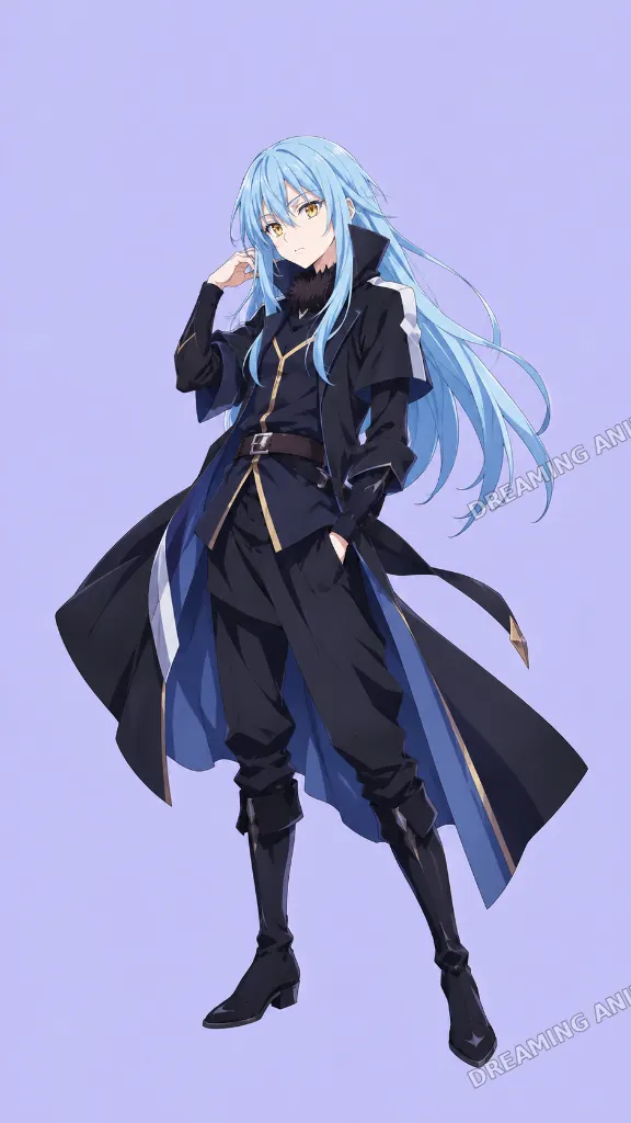 Original Dreaming Anime: A full-length blue-haired wanderer in dark fantasy clothing, set against a soft lilac backdrop.