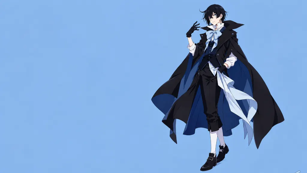 Original Dreaming Anime: A dark-haired character in a midnight-blue formal look, framed by a clear blue sky.