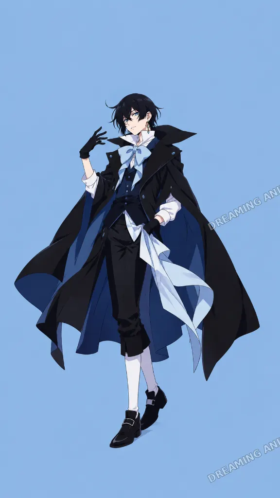 Original Dreaming Anime: A vertical portrait of a dark-haired character in a midnight-blue formal look.