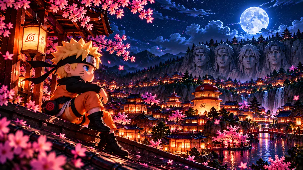 Naruto Uzumaki: Naruto overlooks a lantern-lit village beneath cherry blossoms and a full moon.