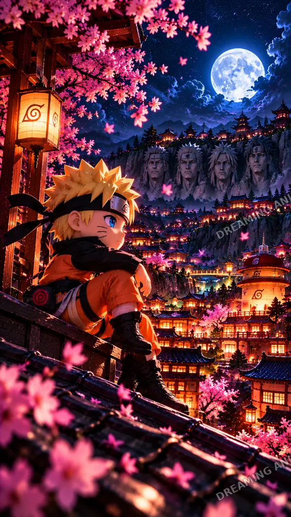 Naruto Uzumaki: Naruto sits above a lantern-lit village beneath cherry blossoms and a full moon.