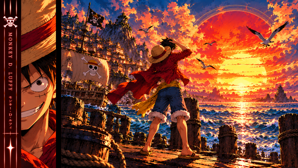 Monkey D. Luffy on a ship at sea beneath a vivid orange sunset and the Straw Hat flag.