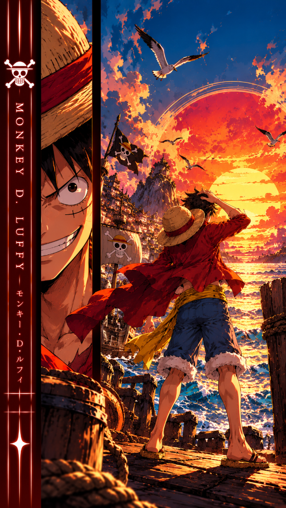 Monkey D. Luffy on a ship at sea beneath a vivid orange sunset and the Straw Hat flag.