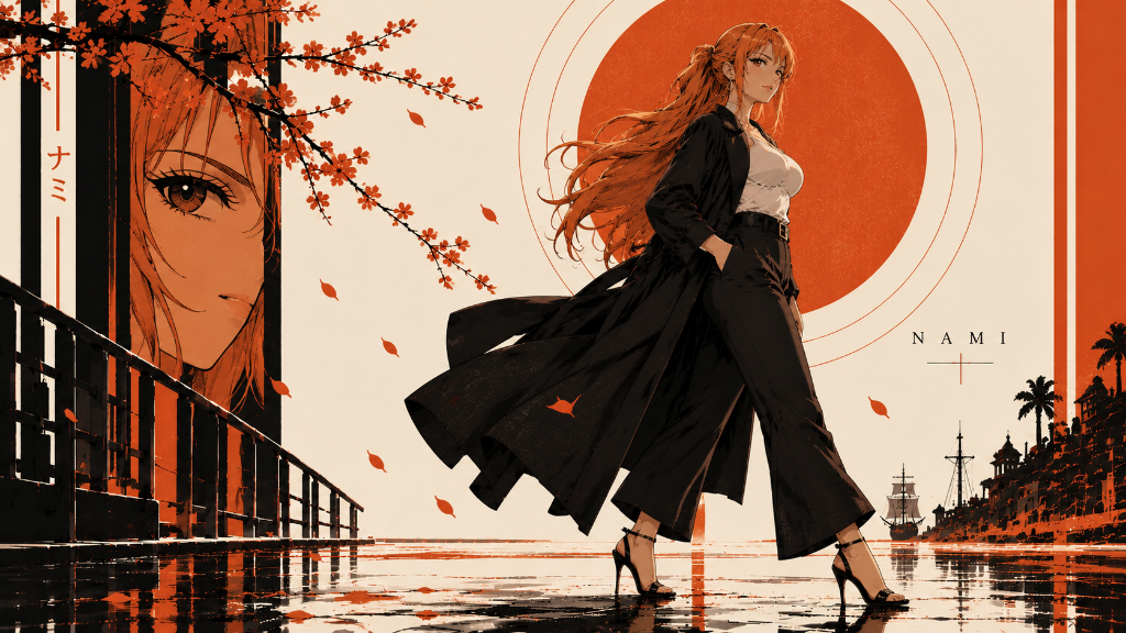 Nami in a dark coat beneath orange blossoms and a glowing orange sun overlooking the harbor