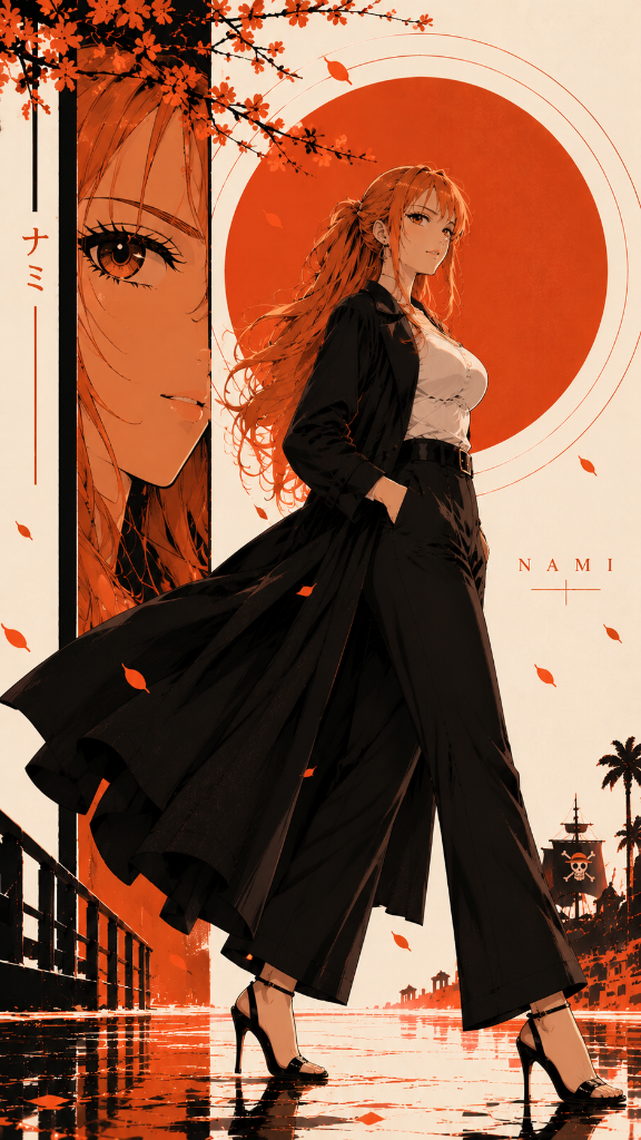 Nami in a dark coat beneath orange blossoms and a large orange sun with a harbor behind her