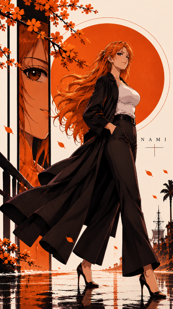 Nami in a long dark coat beneath orange blossoms and a large orange sun, beside a harbor