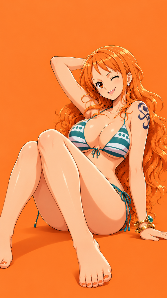 Nami: Nami in a turquoise swimsuit against a vivid orange background.