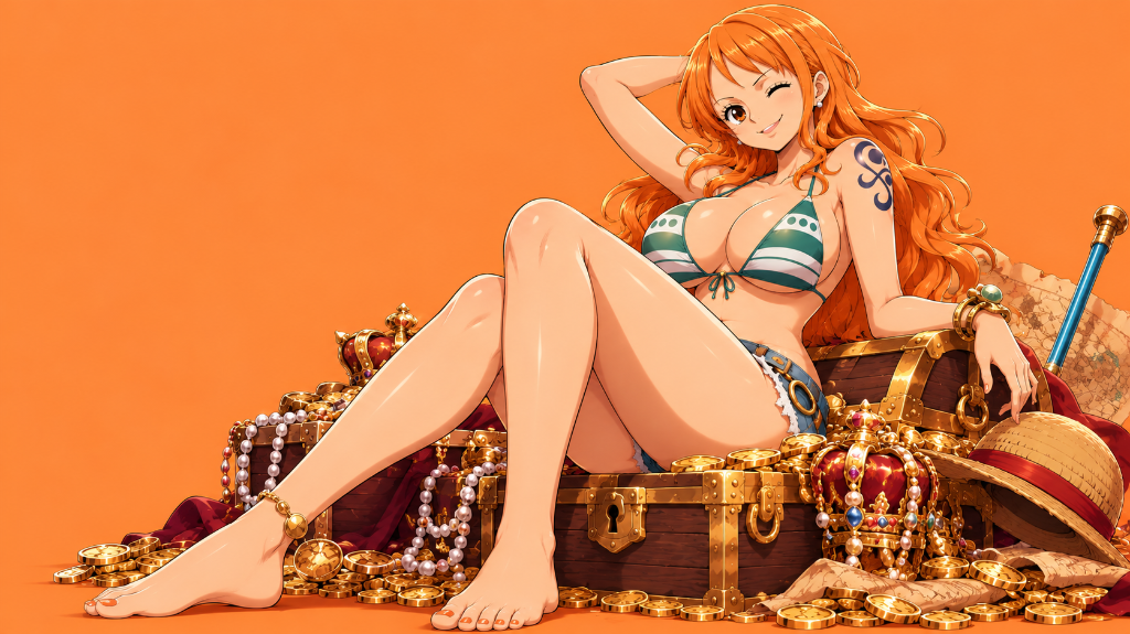 Nami: Nami relaxing among treasure aboard a ship in the bright tropical sun.