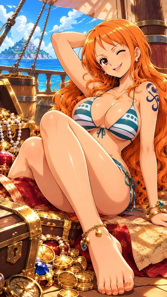 Nami: Nami relaxing among treasure aboard a ship in the bright tropical sun.