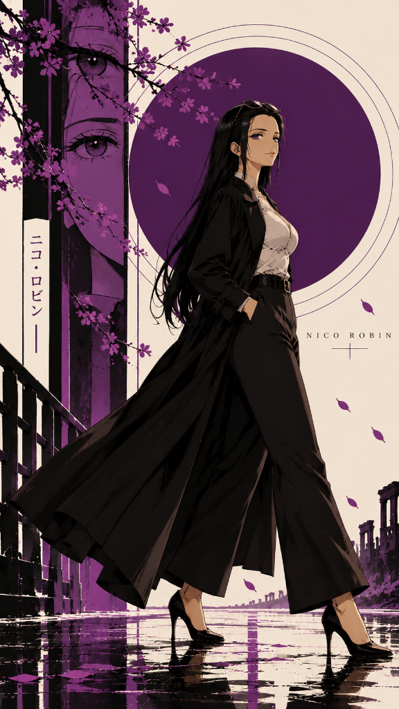 Nico Robin in a long black coat beneath purple cherry blossoms, with a deep-violet sun above a Japanese village and reflected water