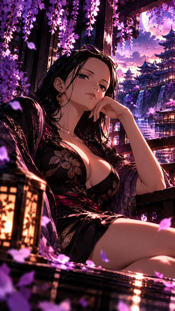 Nico Robin in a dark floral kimono beneath purple wisteria and a moonlit Japanese village