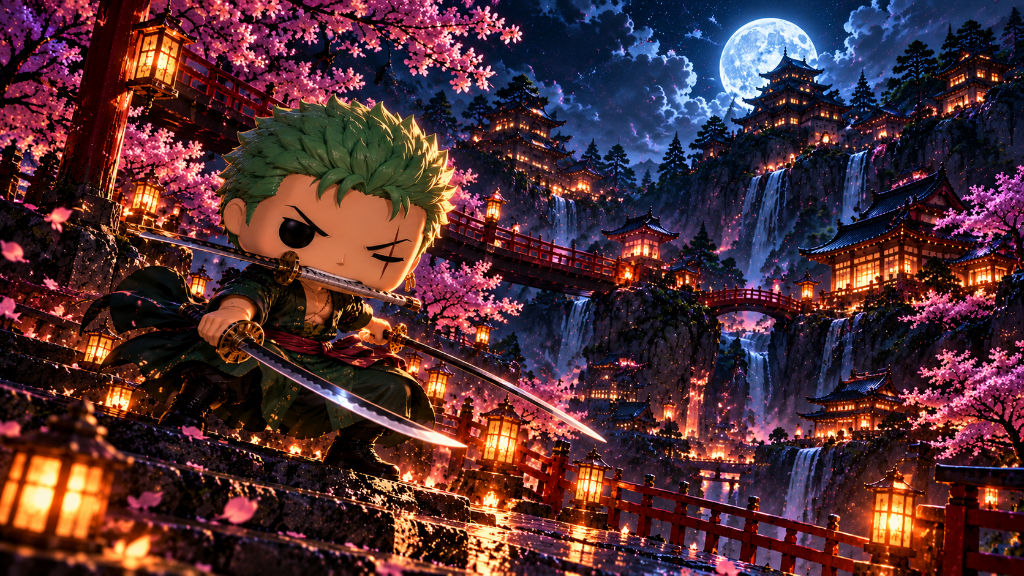 Roronoa Zoro: Roronoa Zoro with swords on a lantern-lit mountain beneath cherry blossoms and a full moon.