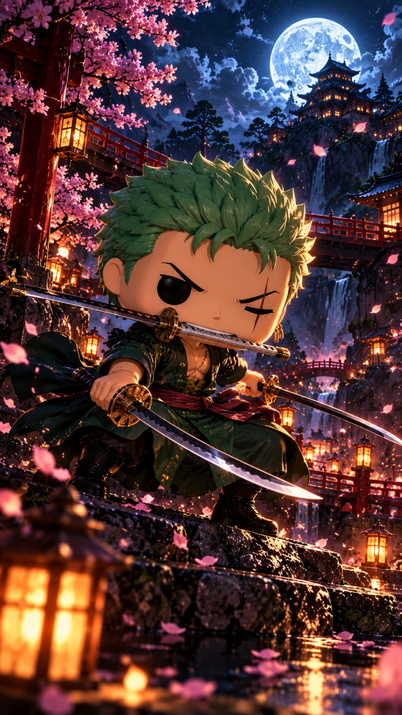 Roronoa Zoro: Roronoa Zoro with swords beneath cherry blossoms, against a moonlit Japanese castle landscape.
