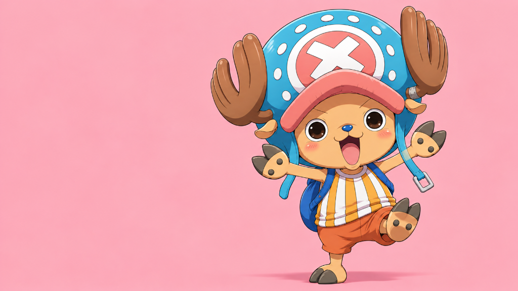 Tony Tony Chopper: Tony Tony Chopper wearing his blue hat and backpack, standing against a pink background.