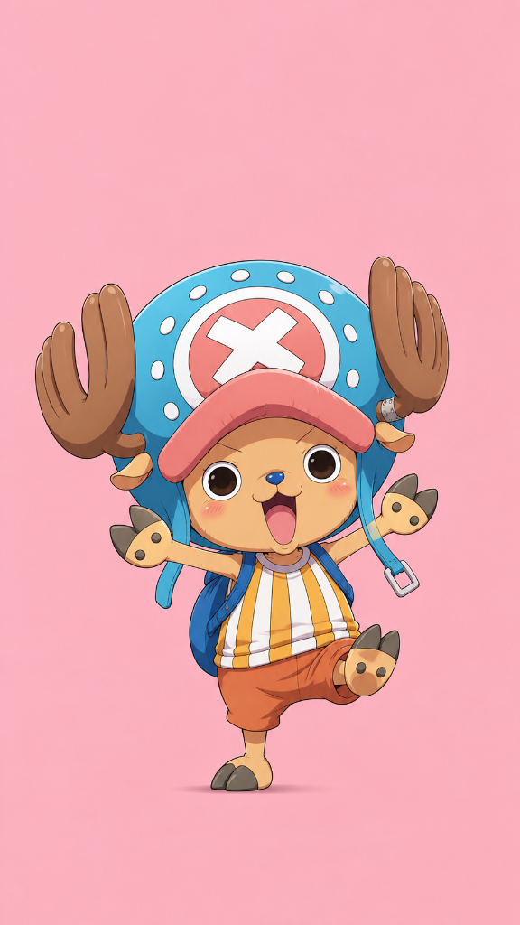 Tony Tony Chopper: Tony Tony Chopper wearing his blue hat and backpack, standing against a pink background.