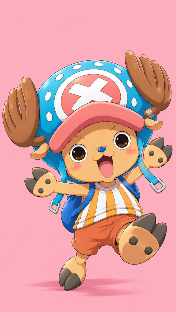 Tony Tony Chopper: Tony Tony Chopper wearing his blue hat and backpack, against a pink background.