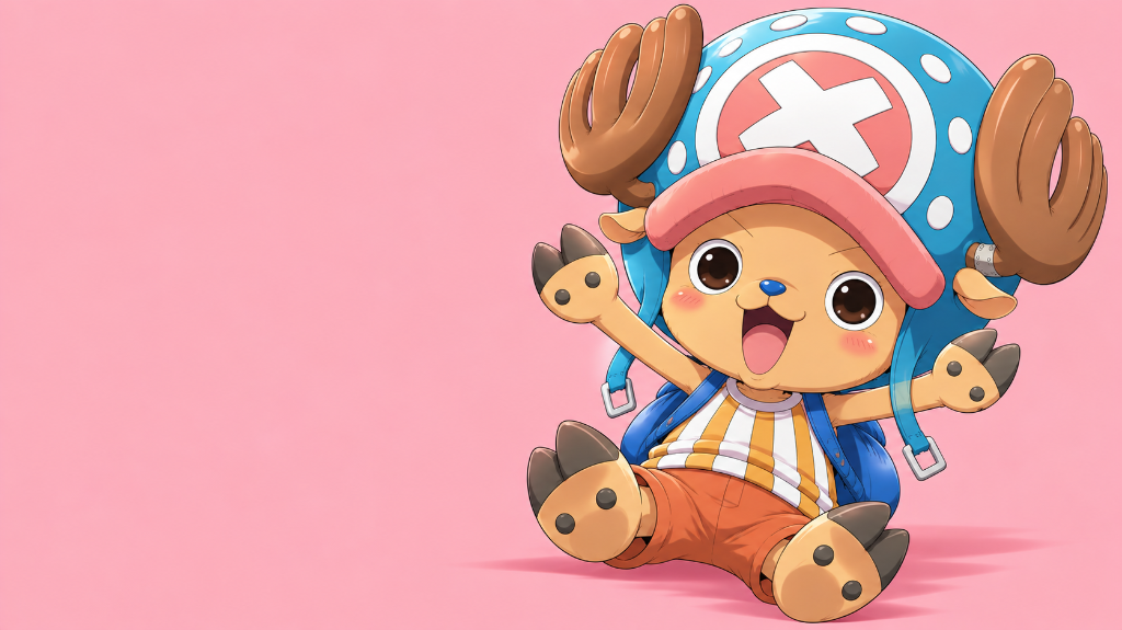 Tony Tony Chopper: Tony Tony Chopper wearing his blue hat and backpack, seated against a pink background.