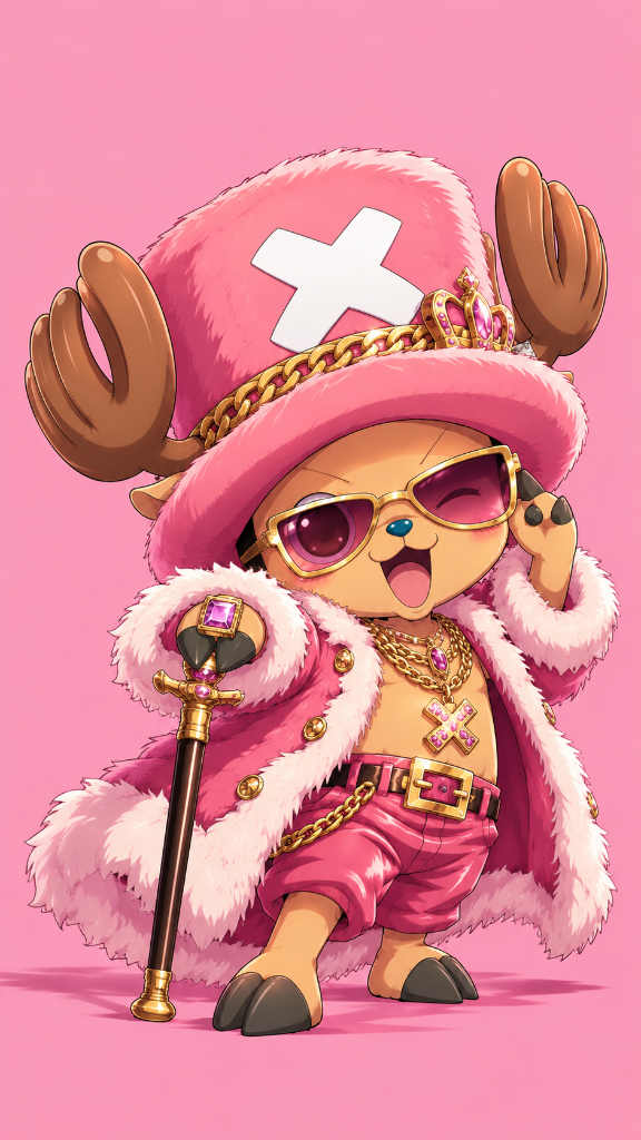 Tony Tony Chopper: Tony Tony Chopper in a pink fur-trimmed royal outfit and crown.